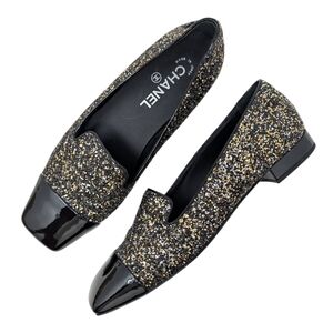 Chanel Loafer CC Logo Glitter Cap Toe Patent Mocassin Flat Black Gold 39 | 8.5